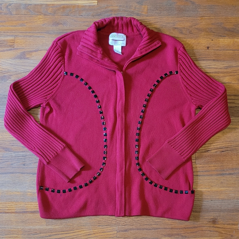 Vintage Sideffects Red Sequin Zip Up Acryllic Cotton Sweater Womens Large L